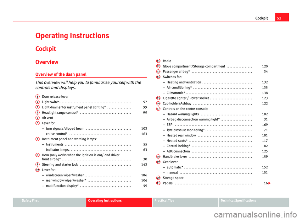 Seat Ibiza ST 2011  Owners manual 53
Cockpit
Operating Instructions Cockpit
Overview Overview of the dash panel
This overview will help you to familiarise yourself with the
controls and displays. Door release lever
Light switch  . . .