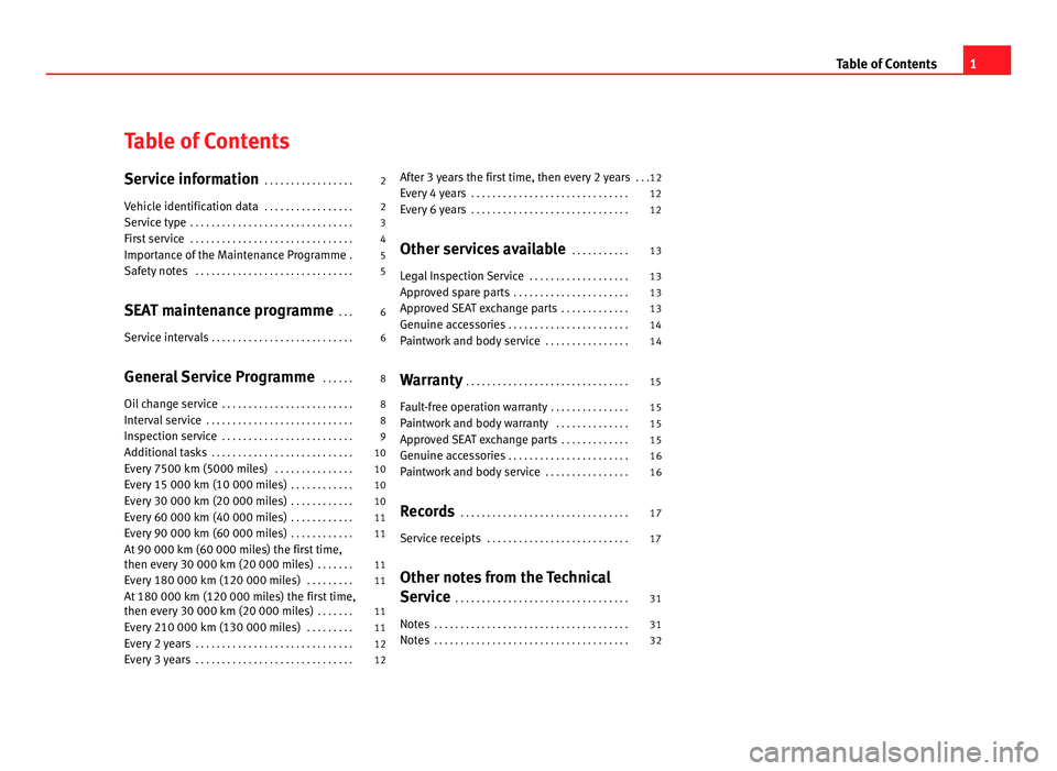 Seat Ibiza ST 2011 Maintenance programme Table of Contents
Service information
. . . . . . . . . . . . . . . . . 2
Vehicle identification data . . . . . . . . . . . . . . . . . 2
Service type . . . . . . . . . . . . . . . . . . . . . . . Seat Ibiza ST 2011 Maintenance programme Table of Contents
Service information
. . . . . . . . . . . . . . . . . 2
Vehicle identification data . . . . . . . . . . . . . . . . . 2
Service type . . . . . . . . . . . . . . . . . . . . . . .