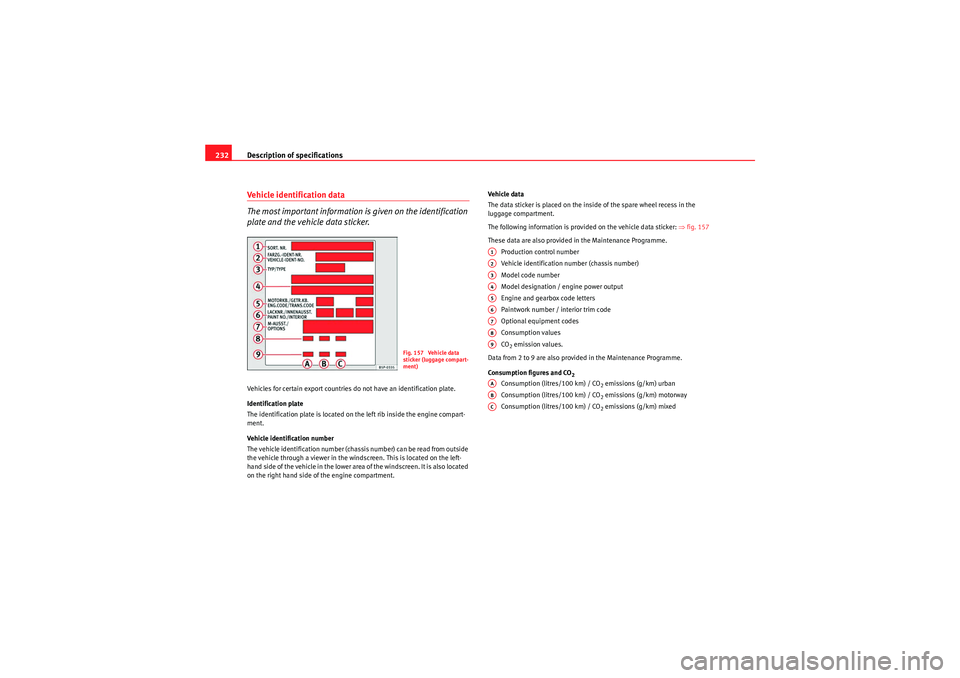 Seat Ibiza 5D 2010 Owners manual Description of specifications
232Vehicle identification data
The most important information is given on the identification
plate and the vehicle data sticker.Vehicles for certain export countries do Seat Ibiza 5D 2010 Owners manual Description of specifications
232Vehicle identification data
The most important information is given on the identification
plate and the vehicle data sticker.Vehicles for certain export countries do