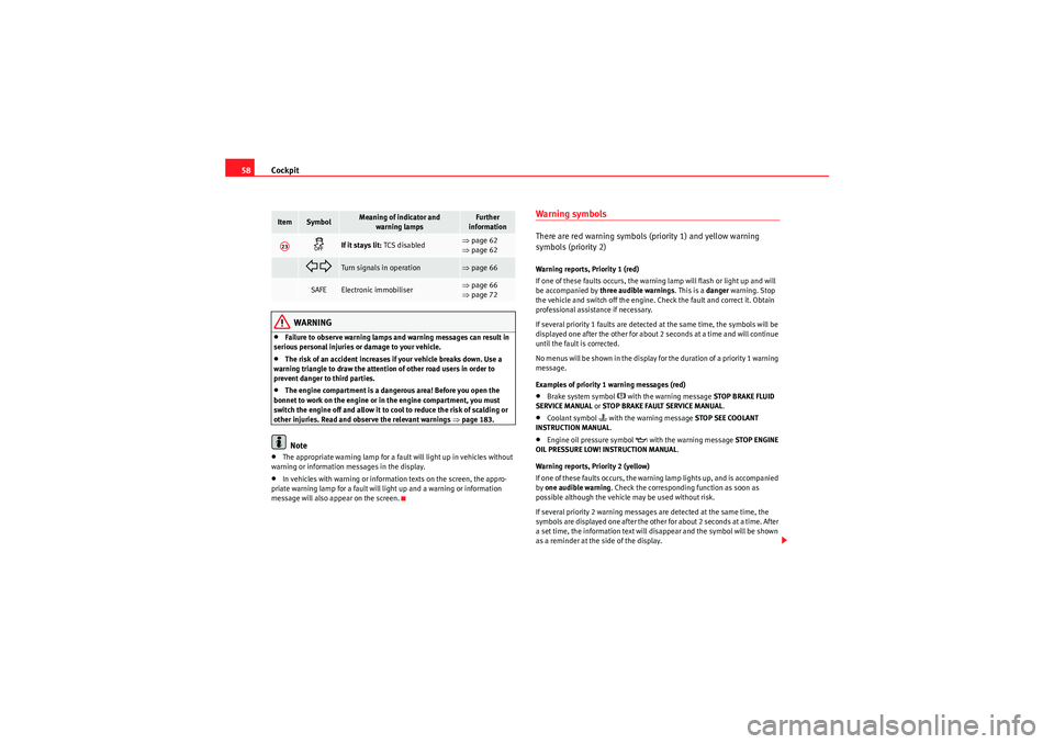 Seat Ibiza 5D 2010  Owners manual Cockpit
58
WARNING
•Failure to observe warning lamps and warning messages can result in 
serious personal injuries or damage to your vehicle.•The risk of an accident increases if your vehicle brea