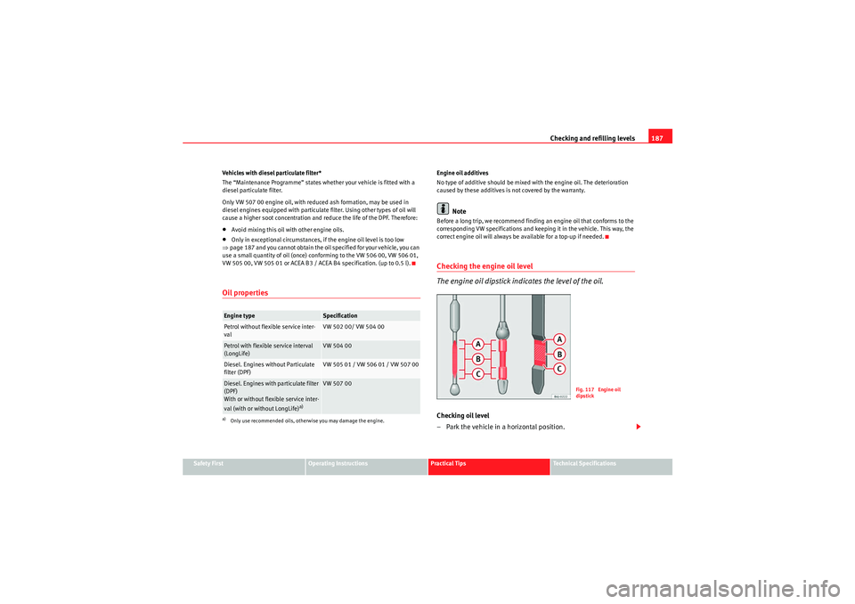 Seat Ibiza SC 2010  Owners manual Checking and refilling levels187
Safety First
Operating Instructions
Practical Tips
Technical Specifications
Vehicles with diesel particulate filter*
The “Maintenance Programme” states whether you