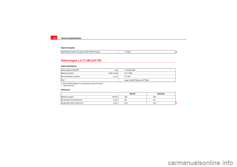 Seat Ibiza SC 2010  Owners manual Technical Specifications
242Engine oil capacityPetrol engine 1.6 77 kW (105 PS)Engine specifications
Performance Approximate engine oil capacity with oil filter change
3.3 litres
Power output in kW (P