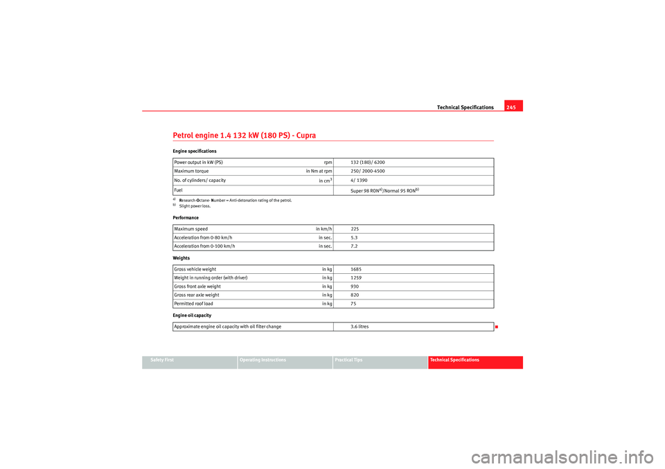 Seat Ibiza SC 2010  Owners manual Technical Specifications245
Safety First
Operating Instructions
Practical Tips
Technical Specifications
Petrol engine 1.4 132 kW (180 PS) - CupraEngine specifications
Performance
Weights
Engine oil ca