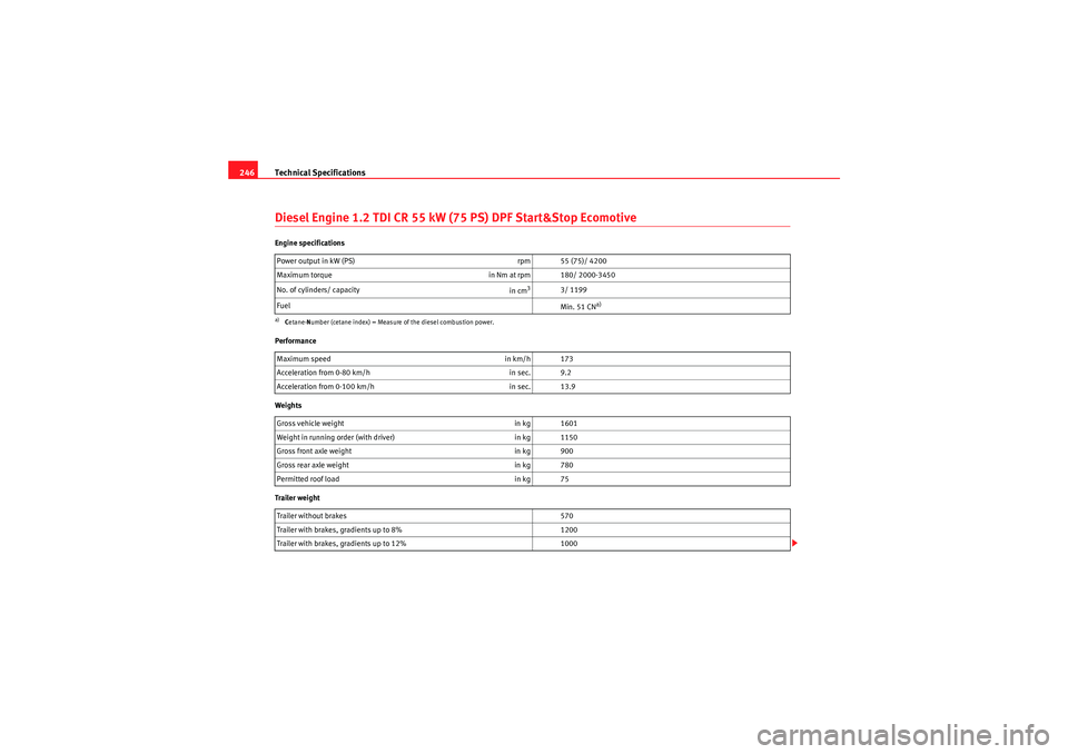 Seat Ibiza SC 2010  Owners manual Technical Specifications
246Diesel Engine 1.2 TDI CR 55 kW (75 PS) DPF Start&Stop EcomotiveEngine specifications
Performance
Weights
Trailer weight Power output in kW (PS) 
rpm 55 (75)/ 4200
Maximum t