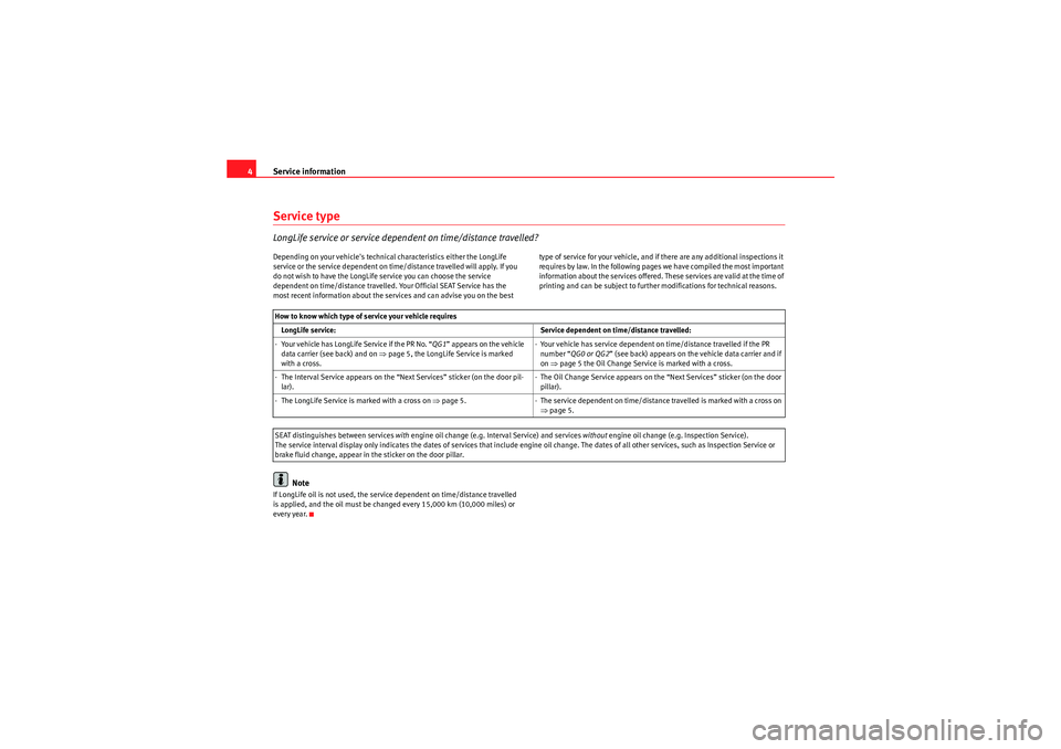 Seat Ibiza SC 2010  Maintenance programme Service information
4Service typeLongLife service or service dependent on time/distance tr avelled?Depending on your vehicles technical characteristics either the LongLife 
service or the service dep