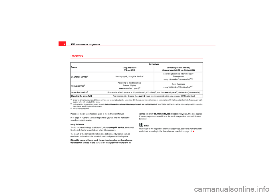 Seat Ibiza SC 2010  Maintenance programme SEAT maintenance programme
8IntervalsPlease see the oil specifications given in th e Instruction Manual.
In  ⇒ page 9, “General Service Programme” you wil l find the work corre-
sponding to each