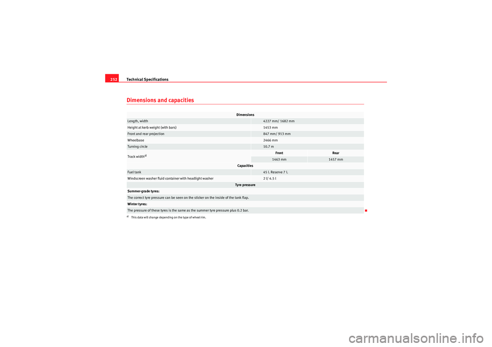 Seat Ibiza ST 2010 Owners manual Technical Specifications
252Dimensions and capacities
Dimensions
Length, width
4227 mm/ 1682 mm
Height at kerb weight (with bars)
1453 mm
Front and rear projection
847 mm/ 913 mm
Wheelbase
2466 mm
Tur Seat Ibiza ST 2010 Owners manual Technical Specifications
252Dimensions and capacities
Dimensions
Length, width
4227 mm/ 1682 mm
Height at kerb weight (with bars)
1453 mm
Front and rear projection
847 mm/ 913 mm
Wheelbase
2466 mm
Tur