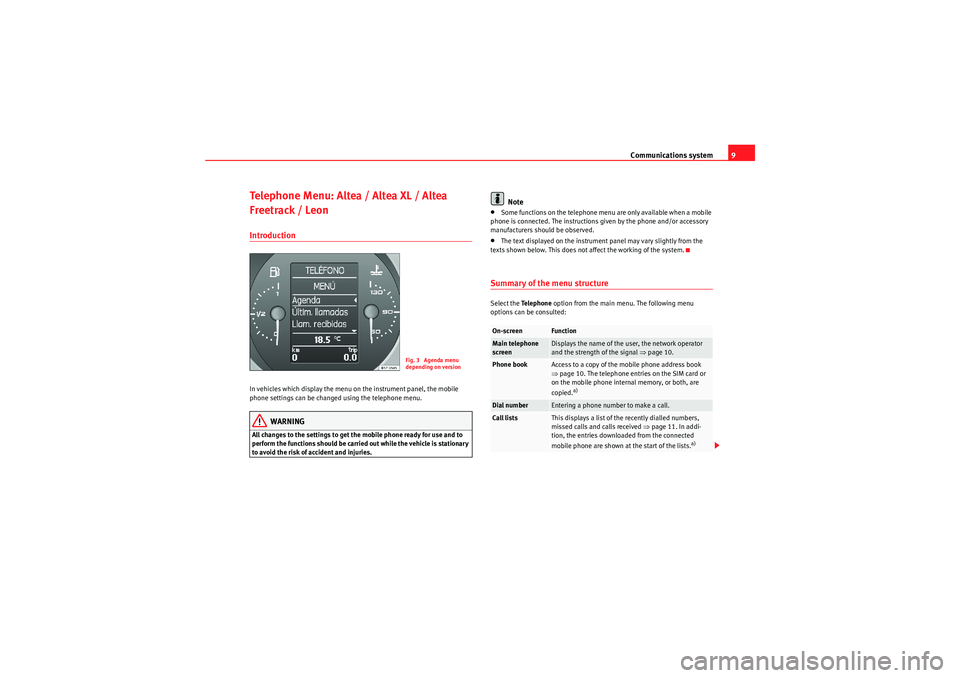 Seat Ibiza ST 2010  COMMUNICATION SYSTEM Communications system9
Telephone Menu: Altea / Altea XL / Altea 
Freetrack / LeonIntroductionIn vehicles which display the menu on the instrument panel, the mobile 
phone settings can be changed using