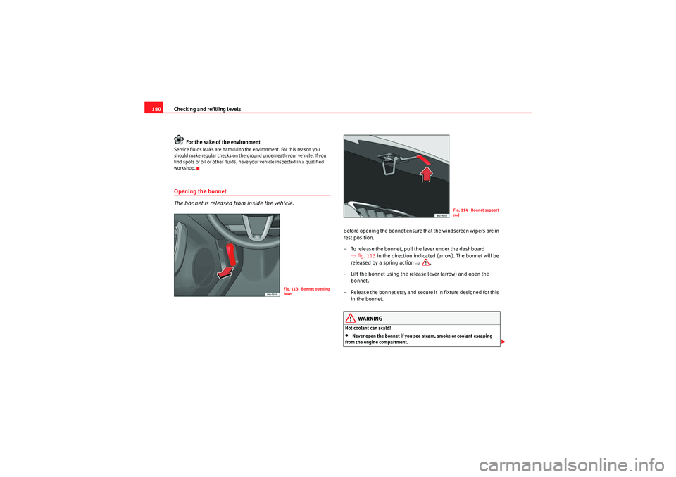 Seat Ibiza 5D 2009  Owners manual Checking and refilling levels
180
For the sake of the environmentService fluids leaks are harmful to the environment. For this reason you 
should make regular checks on the grou nd underneath your veh