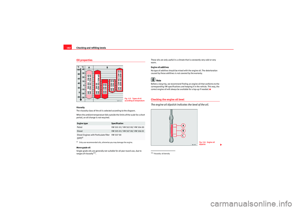 Seat Ibiza 5D 2009  Owners manual Checking and refilling levels
182Oil propertiesViscosity
The viscosity class of the oil is selected according to the diagram.
When the ambient temperature falls outside the limits of the scale for a s