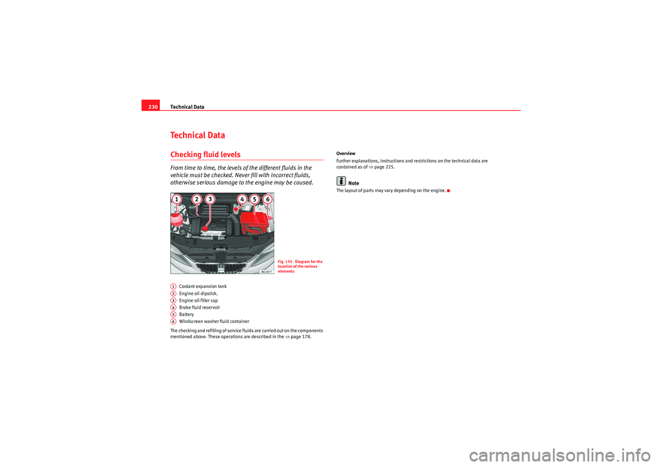Seat Ibiza 5D 2009  Owners manual Technical Data
230Technical DataChecking fluid levelsFrom time to time, the levels of the different fluids in the 
vehicle must be checked. Never fill with incorrect fluids, 
otherwise serious damage 
