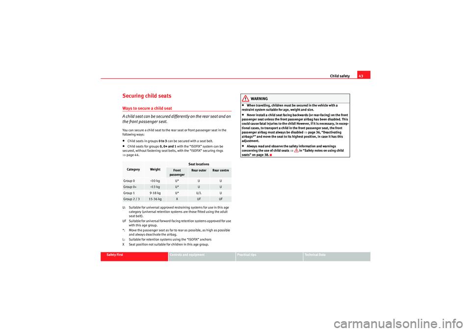 Seat Ibiza 5D 2009 Service Manual Child safety43
Safety First
Controls and equipment
Practical tips
Technical Data
Securing child seatsWays to secure a child seat
A child seat can be secured differently on the rear seat and on 
the fr