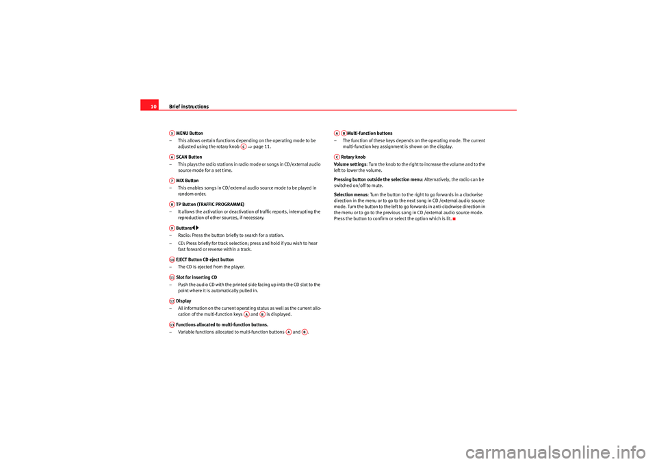 Seat Ibiza 5D 2009  CAR STEREO MP3 Brief instructions
10 MENU Button
– This allows certain functions depending on the operating mode to be  adjusted using the rotary knob    �Ÿpage 11.
 SCAN Button
– This plays the radio stations 