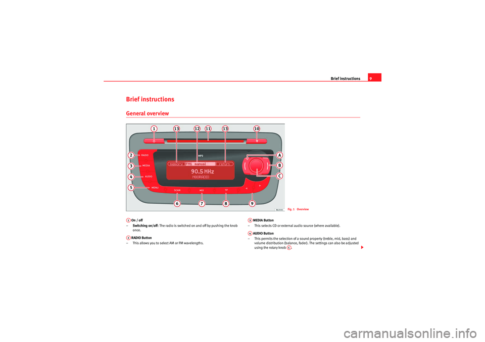Seat Ibiza 5D 2009 CAR STEREO MP3 Brief instructions9
Brief instructions General overview On / off
– Switching on/off : The radio is switched on and off by pushing the knob
once.
RADIO Button
– This allows you to select AM or F Seat Ibiza 5D 2009 CAR STEREO MP3 Brief instructions9
Brief instructions General overview On / off
– Switching on/off : The radio is switched on and off by pushing the knob
once.
RADIO Button
– This allows you to select AM or F