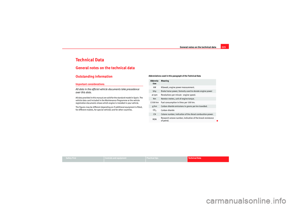 Seat Ibiza SC 2009 Owners manual General notes on the technical data225
Safety First
Controls and equipment
Practical tips
Technical Data
Te ch n i c a l D a t aGeneral notes on the technical dataOutstanding informationImportant con Seat Ibiza SC 2009 Owners manual General notes on the technical data225
Safety First
Controls and equipment
Practical tips
Technical Data
Te ch n i c a l D a t aGeneral notes on the technical dataOutstanding informationImportant con