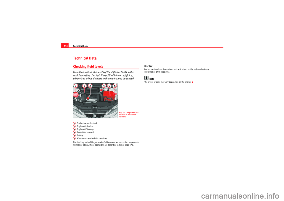 Seat Ibiza SC 2009 Owners manual Technical Data
230Technical DataChecking fluid levelsFrom time to time, the levels of the different fluids in the
vehicle must be checked. Never fill with incorrect fluids,
otherwise serious damage Seat Ibiza SC 2009 Owners manual Technical Data
230Technical DataChecking fluid levelsFrom time to time, the levels of the different fluids in the
vehicle must be checked. Never fill with incorrect fluids,
otherwise serious damage
