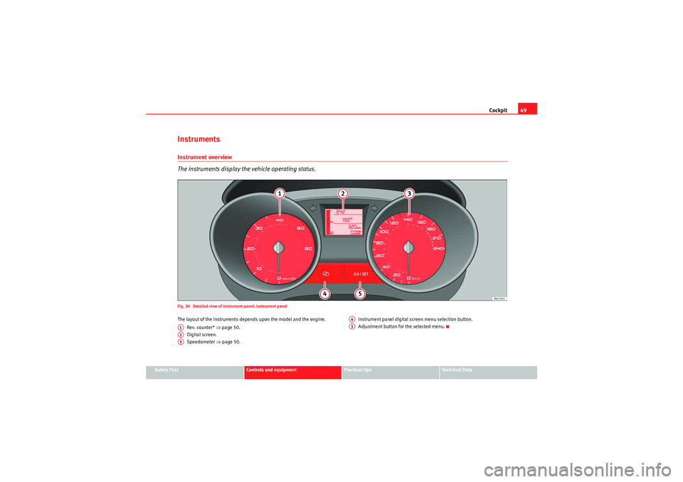 Seat Ibiza SC 2009 Owners Guide Cockpit49
Safety First
Controls and equipment
Practical tips
Technical Data
InstrumentsInstrument overview
The instruments display the vehicle operating status.Fig. 30 Detailed view of inst rument pa Seat Ibiza SC 2009 Owners Guide Cockpit49
Safety First
Controls and equipment
Practical tips
Technical Data
InstrumentsInstrument overview
The instruments display the vehicle operating status.Fig. 30 Detailed view of inst rument pa