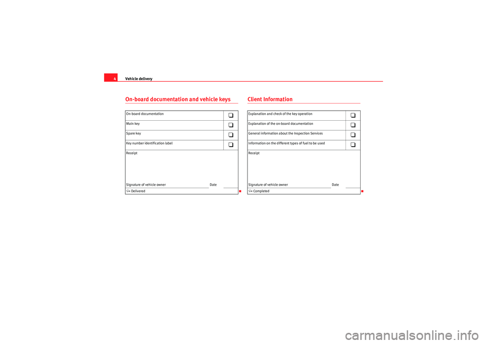 Seat Ibiza SC 2009  Maintenance programme Vehicle delivery
4On-board documentation and vehicle keys
Client Information
On-board documentation

Main key

Spare key

Key number identification label

Receipt
Signature of vehicle owne