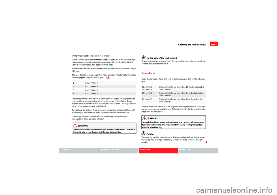 Seat Ibiza ST 2009  Owners manual Checking and refilling levels199
Safety First
Operating instructions
Practical tips
Technical Data
Winter tyres must be fitted on all four wheels.
Information on permitted 
winter tyre sizes can be fo