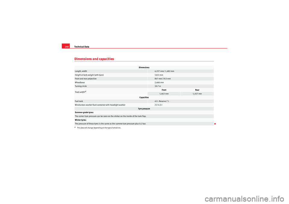 Seat Ibiza ST 2009 Owners manual Technical Data
240Dimensions and capacities
Dimensions
Length, width
4,227 mm/ 1,682 mm
Height at kerb weight (with bars)
1453 mm
Front and rear projection
847 mm/ 913 mm
Wheelbase
2,466 mm
Turning ci Seat Ibiza ST 2009 Owners manual Technical Data
240Dimensions and capacities
Dimensions
Length, width
4,227 mm/ 1,682 mm
Height at kerb weight (with bars)
1453 mm
Front and rear projection
847 mm/ 913 mm
Wheelbase
2,466 mm
Turning ci