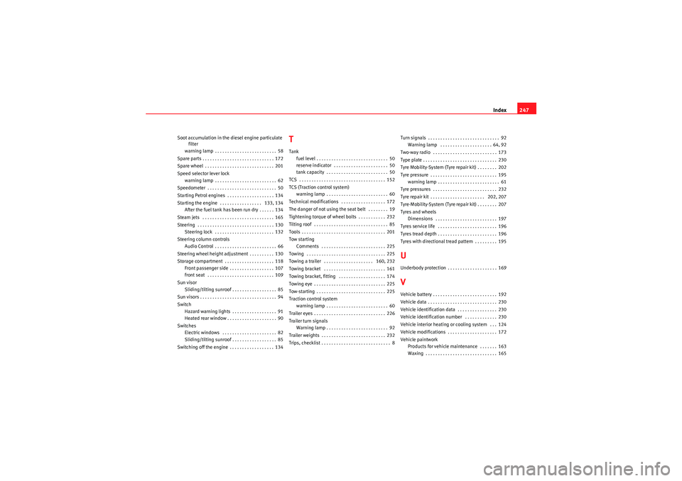 Seat Ibiza ST 2009  Owners manual Index247
Soot accumulation in the diesel engine particulate 
filter
warning lamp . . . . . . . . . . . . . . . . . . . . . . . . . 58
Spare parts . . . . . . . . . . . . . . . . . . . . . . . . . . . 