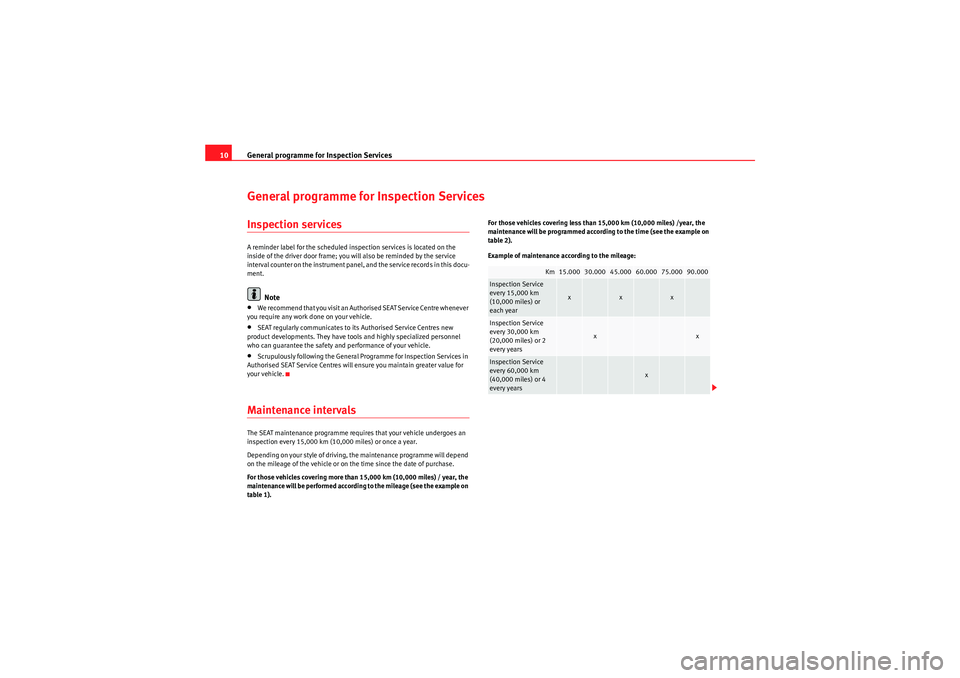 Seat Ibiza ST 2009  Maintenance programme General programme for Inspection Services
10General programme for Inspection ServicesInspection servicesA reminder label for the scheduled inspection services is located on the 
inside of the driver d