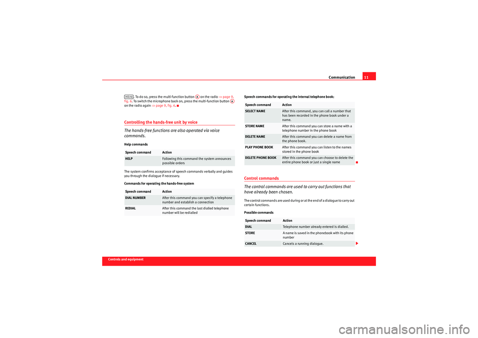 Seat Ibiza ST 2009 COMMUNICATION SYSTEM Communication11
Controls and equipment. To do so, press the multi-function button on the radio ⇒
page 9,
fig. 6 . To switch the microphone back on, press the multi-function button
on the radio Seat Ibiza ST 2009 COMMUNICATION SYSTEM Communication11
Controls and equipment. To do so, press the multi-function button on the radio ⇒
page 9,
fig. 6 . To switch the microphone back on, press the multi-function button
on the radio