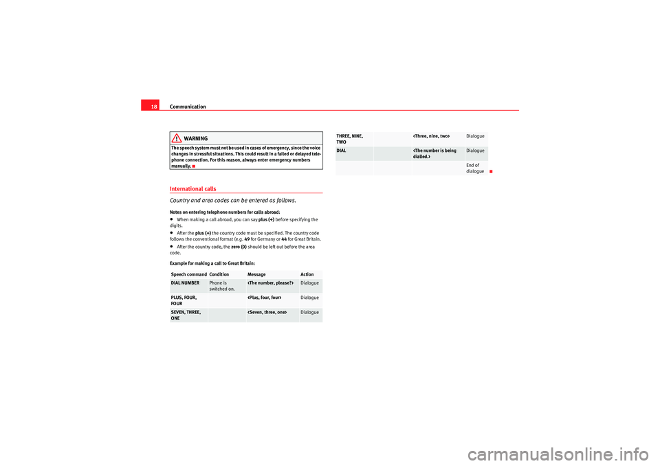 Seat Ibiza ST 2009 COMMUNICATION SYSTEM Communication
18
WARNING
The speech system must not be used in cases of emergency, since the voice
changes in stressful situations. This could result in a failed or delayed tele-
phone connection. Fo Seat Ibiza ST 2009 COMMUNICATION SYSTEM Communication
18
WARNING
The speech system must not be used in cases of emergency, since the voice
changes in stressful situations. This could result in a failed or delayed tele-
phone connection. Fo