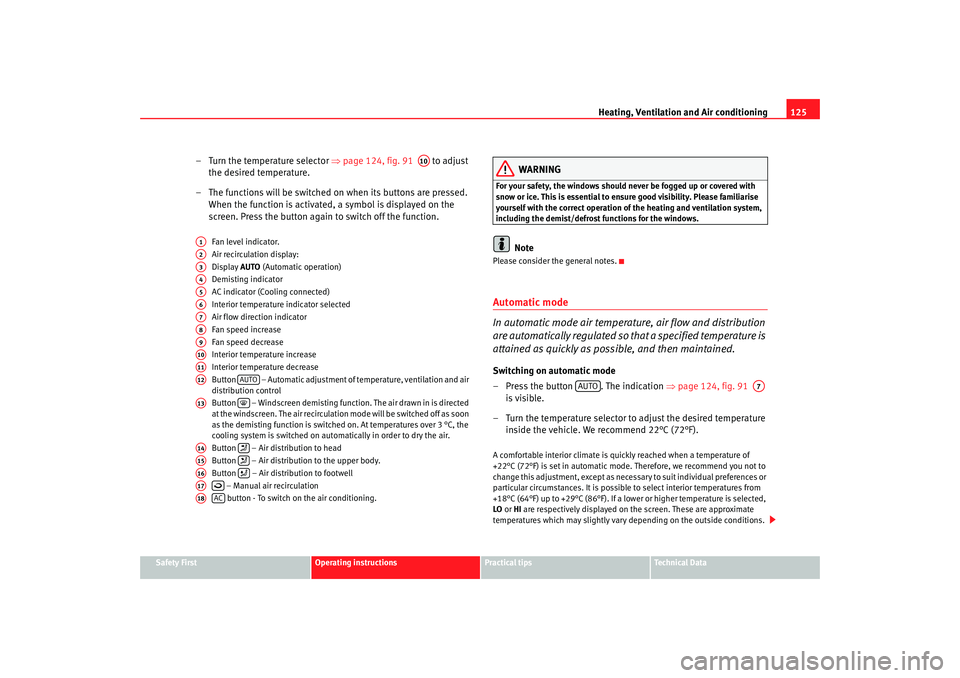 Seat Ibiza 5D 2008  Owners manual Heating, Ventilation and Air conditioning 125
Safety First
Operating instructions
Practical tips
Te c h n i c a l  D a t a
– Turn the temperature selector  ⇒page 124, fig. 91    to adjust 
the des