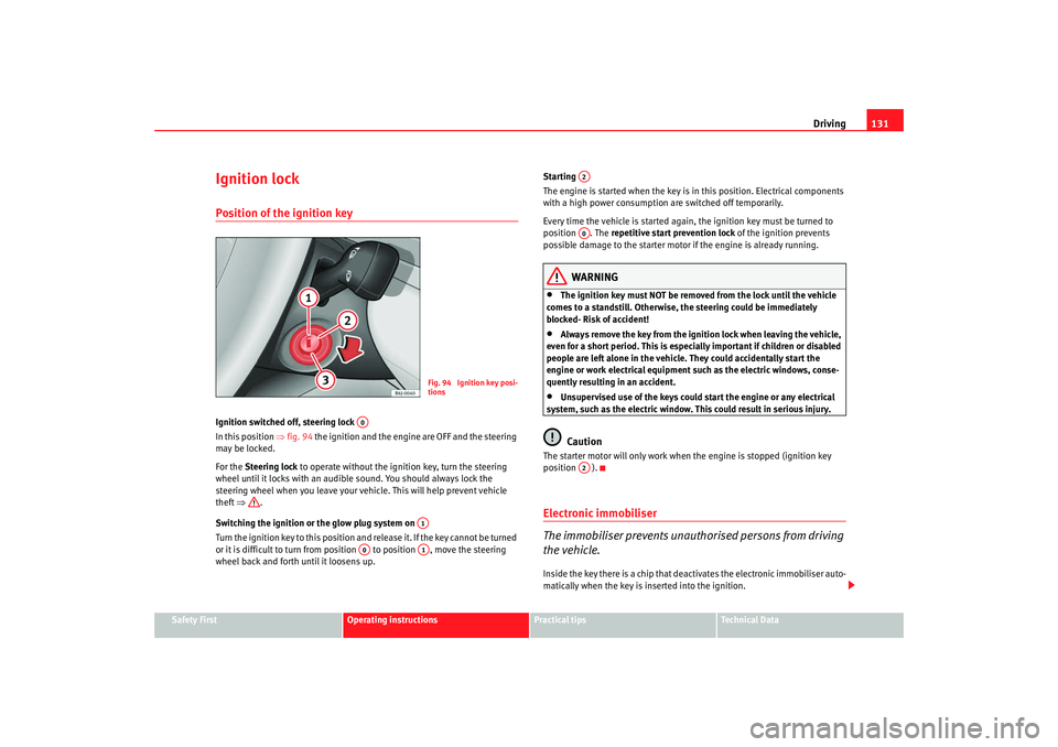 Seat Ibiza 5D 2008 Owners manual Driving131
Safety First
Operating instructions
Practical tips
Te c h n i c a l D a t a
Ignition lockPosition of the ignition keyIgnition switched off, steering lock
In this position ⇒fig. 94 the Seat Ibiza 5D 2008 Owners manual Driving131
Safety First
Operating instructions
Practical tips
Te c h n i c a l D a t a
Ignition lockPosition of the ignition keyIgnition switched off, steering lock
In this position ⇒fig. 94 the