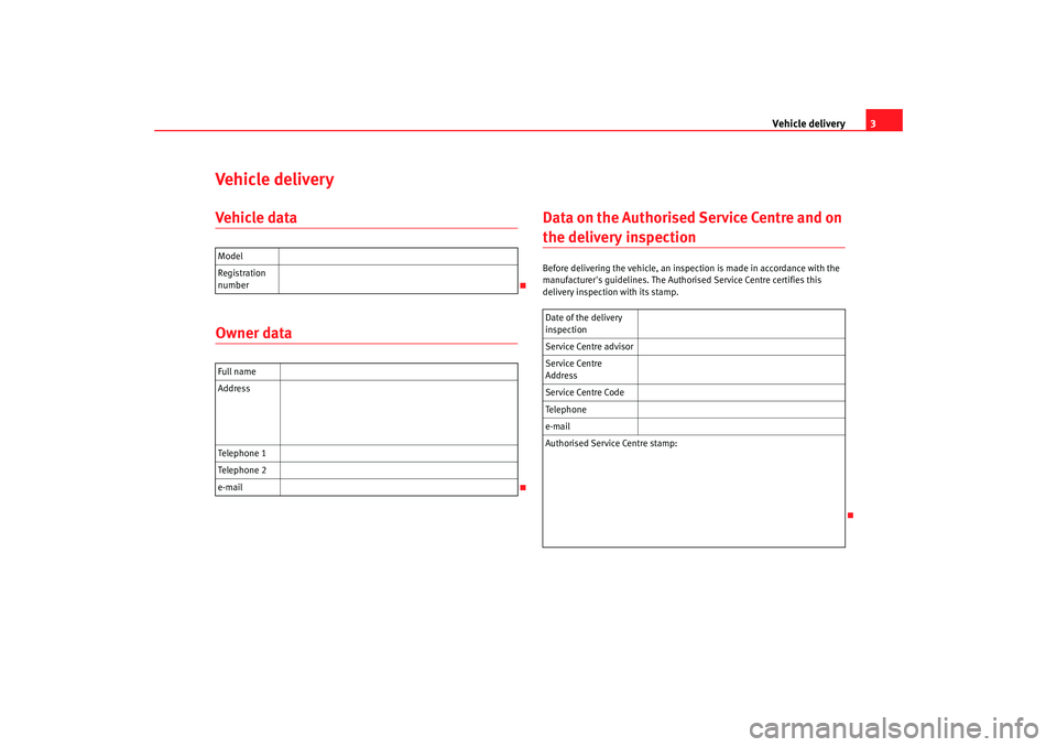 Seat Ibiza 5D 2008  Maintenance programme Vehicle delivery3
Vehicle deliveryVehicle dataOwner data Data on the Authorised Service Centre and on 
the delivery inspection Before delivering the vehicle, an inspection is made in accordance with t