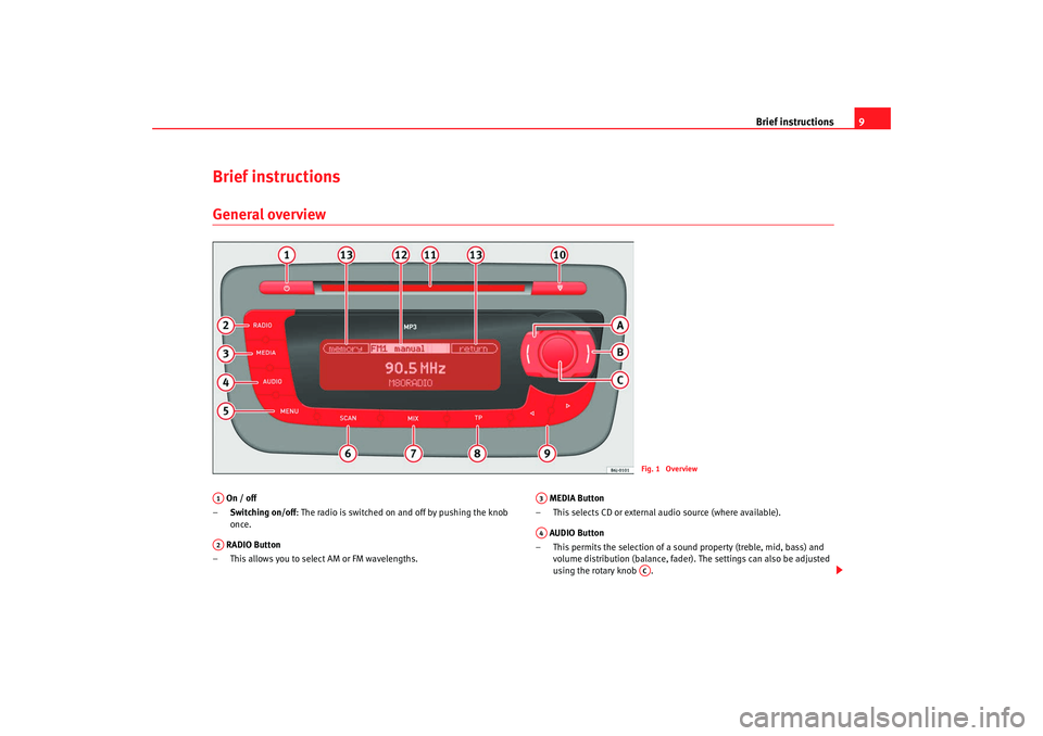 Seat Ibiza 5D 2008  Radio System CAR STEREO MP3 Brief instructions9
Brief instructions General overview  On / off
– Switching on/off : The radio is switched on and off by pushing the knob 
once.
 RADIO Button
– This allows you to select AM or F