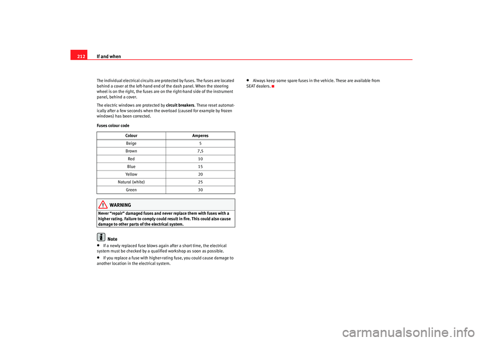 Seat Ibiza SC 2008  Owners manual If and when
212The individual electrical circuits are pr otected by fuses. The fuses are located 
behind a cover at the left-hand end of the dash panel. When the steering 
wheel is on the right, the f