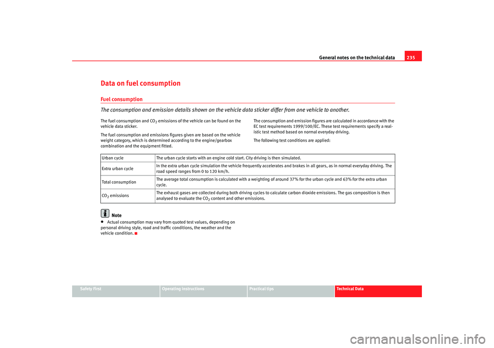 Seat Ibiza SC 2008  Owners manual General notes on the technical data 235
Safety First
Operating instructions
Practical tips
Te c h n i c a l  D a t a
Data on fuel consumptionFuel consumption
The consumption and emission details shown