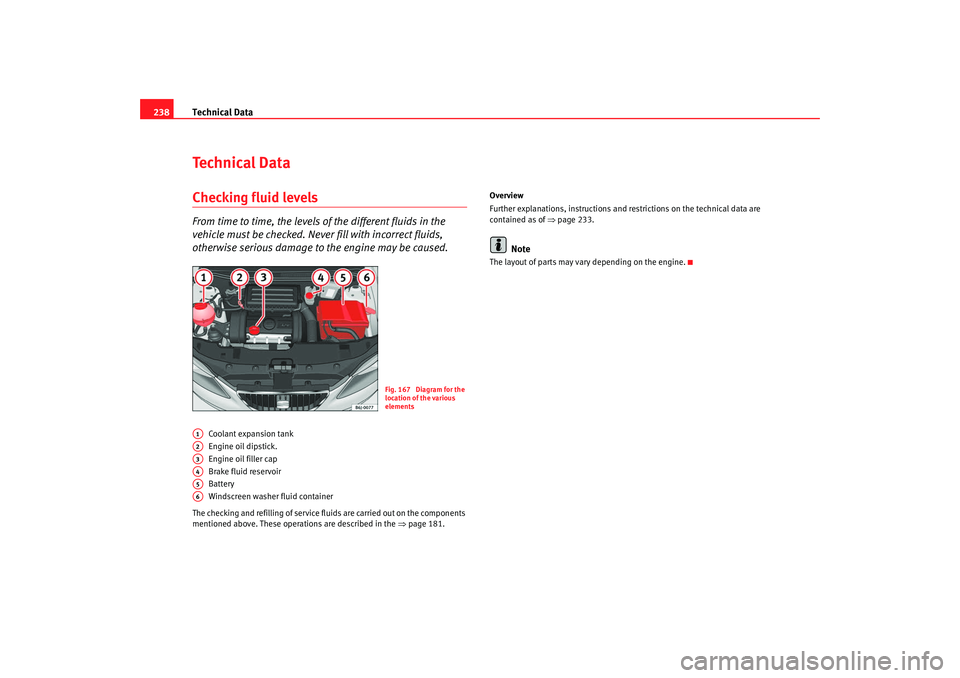 Seat Ibiza SC 2008  Owners manual Technical Data
238Te c h n i c a l  D a t aChecking fluid levelsFrom time to time, the levels of the different fluids in the 
vehicle must be checked. Never fill with incorrect fluids, 
otherwise seri