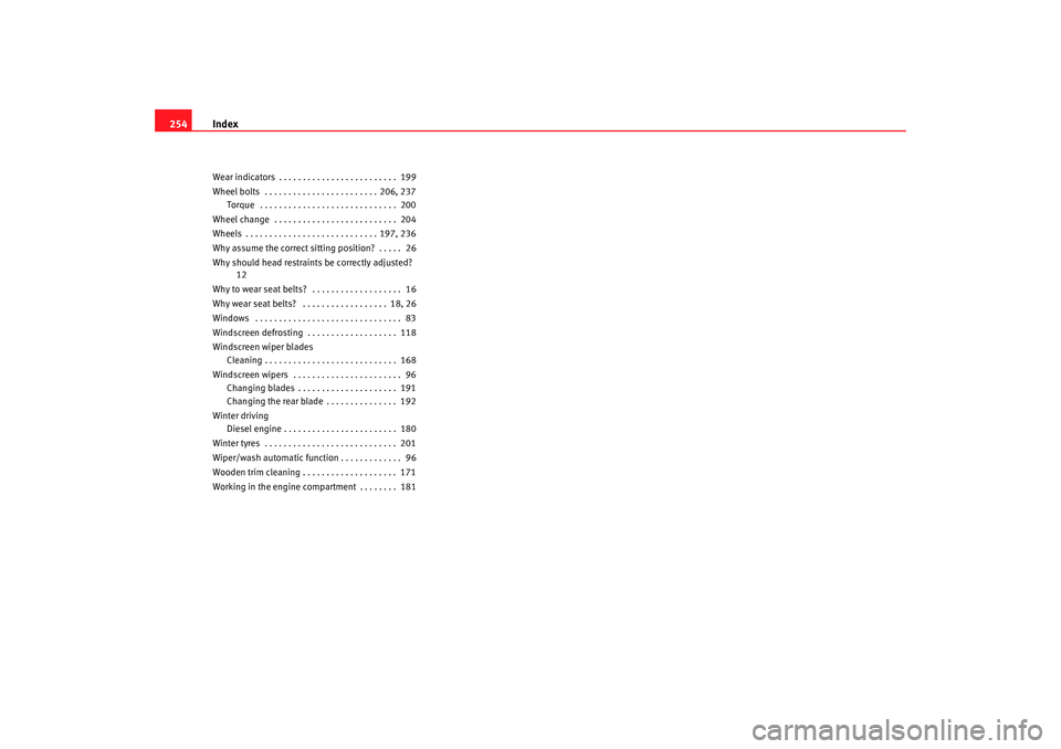 Seat Ibiza SC 2008 Owners manual Index
254Wear indicators . . . . . . . . . . . . . . . . . . . . . . . . . 199
Wheel bolts . . . . . . . . . . . . . . . . . . . . . . . . 206, 237
Torque . . . . . . . . . . . . . . . . . . . . . Seat Ibiza SC 2008 Owners manual Index
254Wear indicators . . . . . . . . . . . . . . . . . . . . . . . . . 199
Wheel bolts . . . . . . . . . . . . . . . . . . . . . . . . 206, 237
Torque . . . . . . . . . . . . . . . . . . . . .