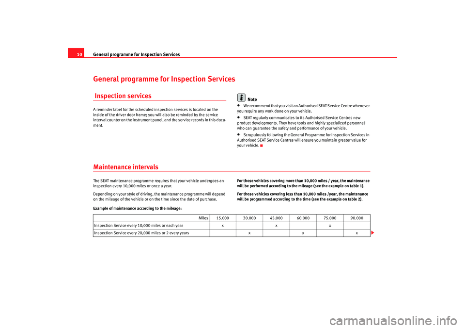 Seat Ibiza SC 2008  Maintenance programme General programme for Inspection Services
10General programme for Inspection Services Inspection servicesA reminder label for the scheduled inspection services is located on the 
inside of the driver 