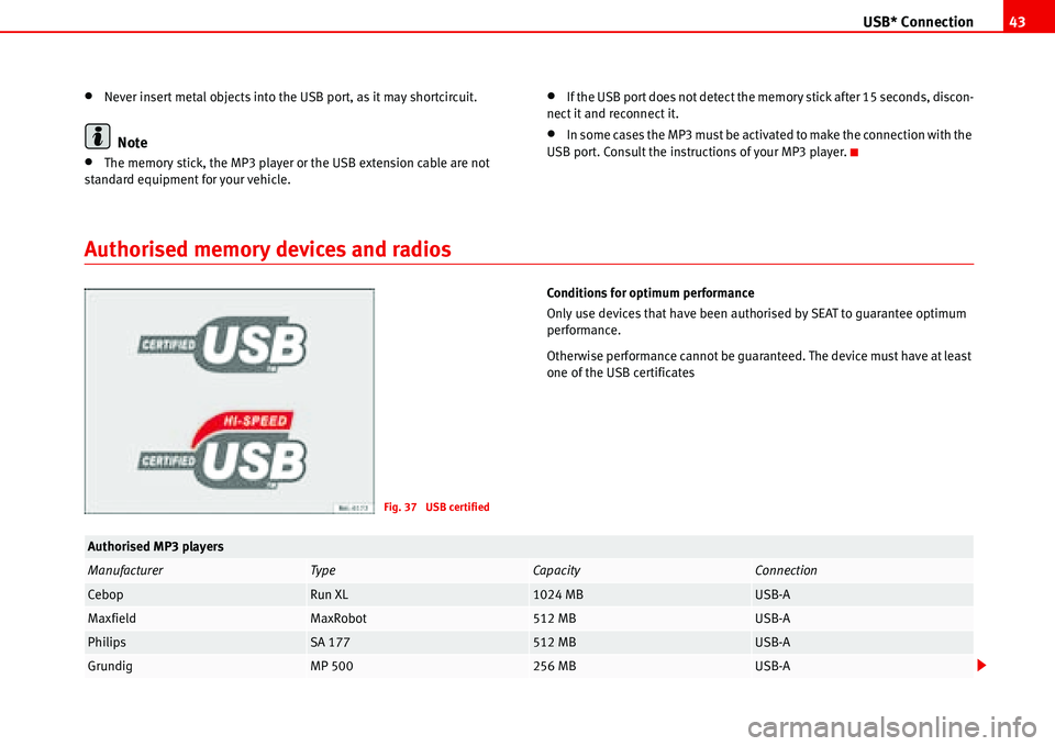 Seat Ibiza SC 2008 Radio System ALANA USB* Connection43
•Never insert metal objects into the USB port, as it may shortcircuit.
Note
•The memory stick, the MP3 player or the USB extension cable are not
standard equipment for your vehi Seat Ibiza SC 2008 Radio System ALANA USB* Connection43
•Never insert metal objects into the USB port, as it may shortcircuit.
Note
•The memory stick, the MP3 player or the USB extension cable are not
standard equipment for your vehi