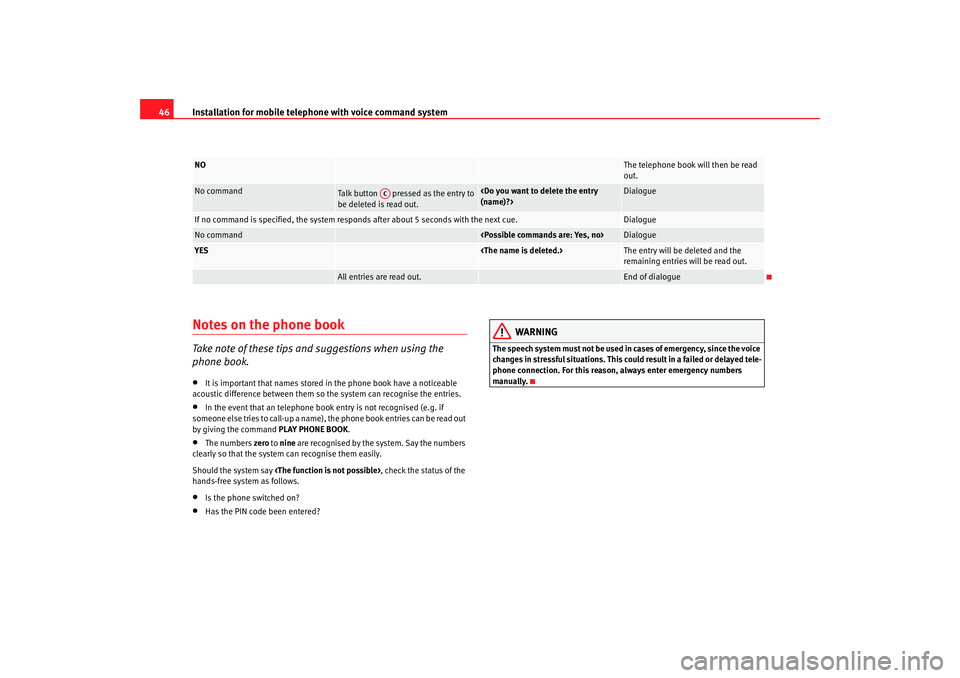 Seat Ibiza SC 2008  Radio System CAR STEREO MP3 Installation for mobile telephone with voice command system
46Notes on the phone bookTake note of these tips and suggestions when using the 
phone book.•
It is important that names stored in  the ph