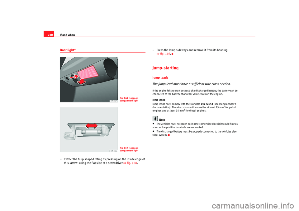 Seat Ibiza 5D 2007  Owners manual If and when
230Boot light*– Extract the tulip shaped fitting by pressing on the inside edge of 
this -arrow- using the flat side of a screwdriver  ⇒fig. 168. – Press the lamp sideways and remove