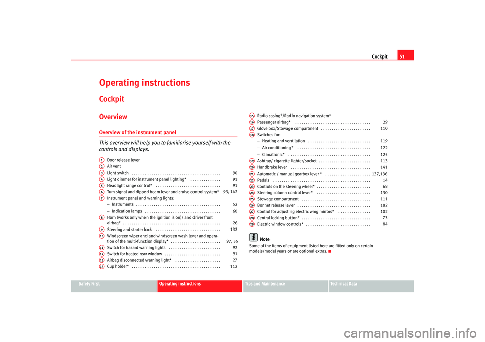 Seat Ibiza 5D 2007  Owners manual Cockpit51
Safety First
Operating instructions
Tips and Maintenance
Te c h n i c a l  D a t a
Operating instructionsCockpitOverviewOverview of the instrument panel
This overview will help you to  famil