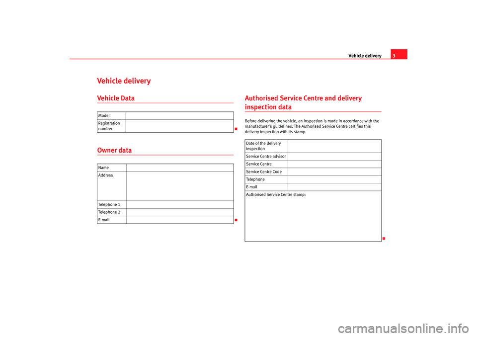 Seat Ibiza 5D 2007  Maintenance programme Vehicle delivery3
Vehicle deliveryVehicle DataOwner data Authorised Service Centre and delivery 
inspection dataBefore delivering the vehicle, an inspection is made i
n accordance with the 
manufactur