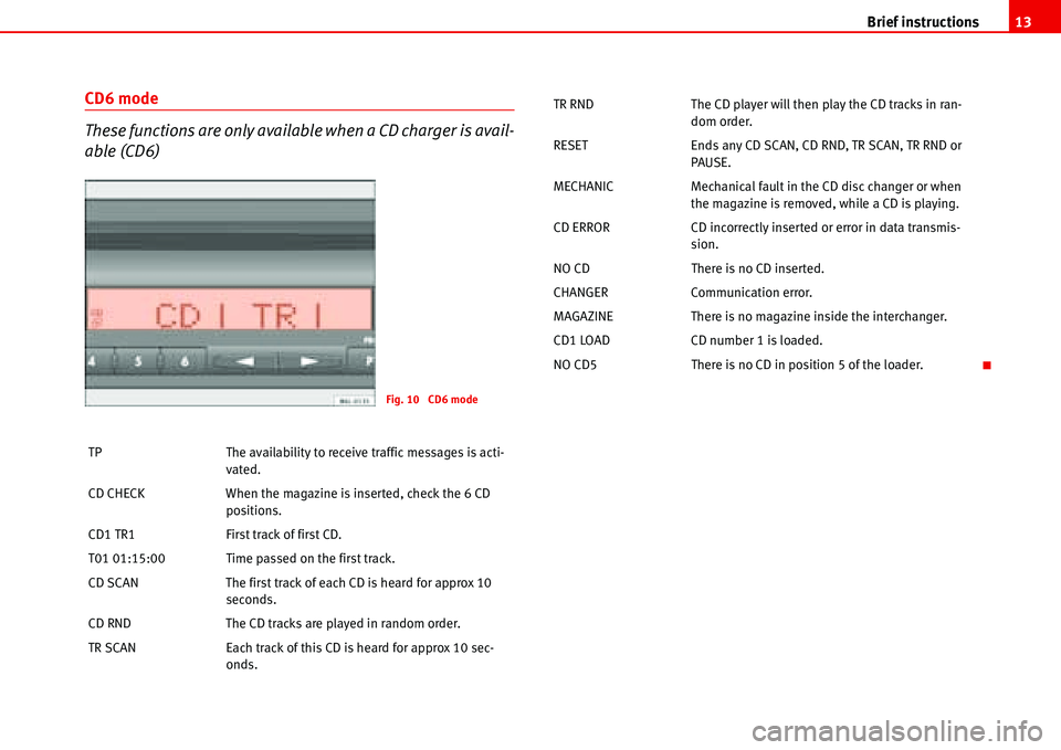 Seat Ibiza 5D 2007  Radio System ALANA Brief instructions13
CD6 mode
These functions are only available when a CD charger is avail-
able (CD6)
TP The availability to receive traffic messages is acti-
vated.
CD CHECK When the magazine is in