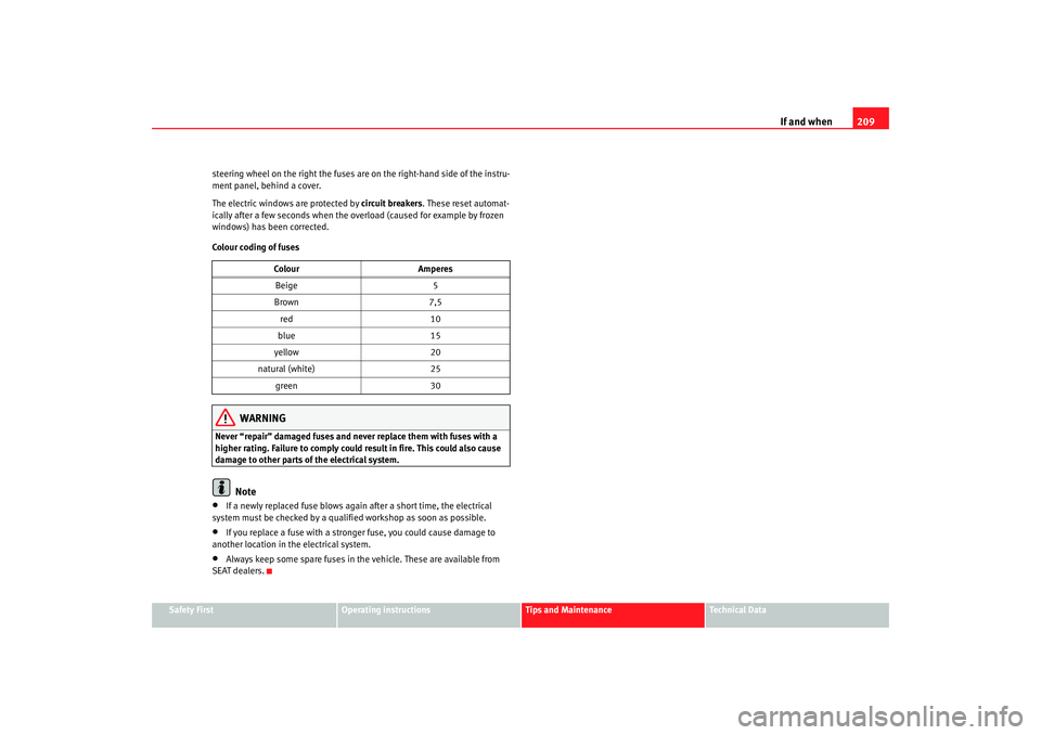 Seat Ibiza 5D 2006 Owners manual If and when209
Safety First
Operating instructions
Tips and Maintenance
Te c h n i c a l D a t a
steering wheel on the right the fuses are
on the right-hand side of the instru-
ment panel, behind a Seat Ibiza 5D 2006 Owners manual If and when209
Safety First
Operating instructions
Tips and Maintenance
Te c h n i c a l D a t a
steering wheel on the right the fuses are
on the right-hand side of the instru-
ment panel, behind a