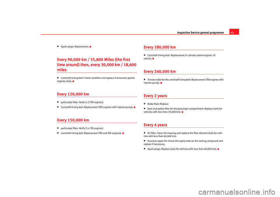 Seat Ibiza 5D 2006  Maintenance programme Inspection Service general programme13
•
Spark plugs: Replacement.
Every 90,000 km / 55,800 Miles (the first 
time around) then, every 30,000 km / 18,600 miles•
Camshaft timing belt: Check conditi