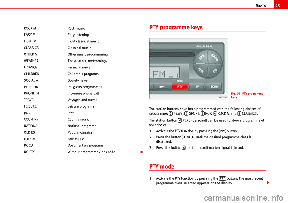 Seat Ibiza 5D 2006  Radio System ALANA Radio25
PTY programme keys
The station buttons have been programmed with the following classes of 
programme:  NEWS,  SPORT,  POP,  ROCK M and  CLASSICS.
The station button   PERS (personal) can be us