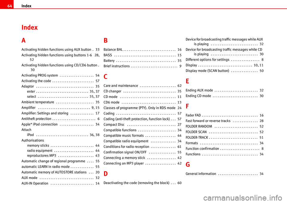 Seat Ibiza 5D 2006  Radio System ALANA Index 64
Index
A
Activating hidden functions using AUX button .  33
Activating hidden functions using buttons 1-6 28, 
52
Activating hidden functions using CD/CD6 button .
30
Activating PROG system  .