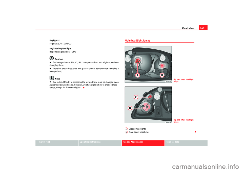 Seat Ibiza 5D 2005 Owners manual If and when205
Safety First
Operating instructions
Tips and Maintenance
Te c h n i c a l D a t a
Fog lights*
Fog light 12V/55W (H3)
Registration plate light
Registration plate light - C5W
Caution
• Seat Ibiza 5D 2005 Owners manual If and when205
Safety First
Operating instructions
Tips and Maintenance
Te c h n i c a l D a t a
Fog lights*
Fog light 12V/55W (H3)
Registration plate light
Registration plate light - C5W
Caution
•