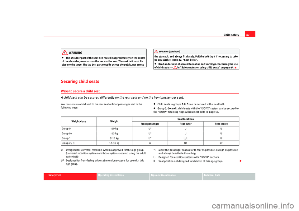 Seat Ibiza 5D 2005  Owners manual Child safety47
Safety First
Operating instructions
Tips and Maintenance
Te c h n i c a l  D a t a
WARNING
•
The shoulder part of the seat belt mu st lie approximately on the centre 
of the shoulder,