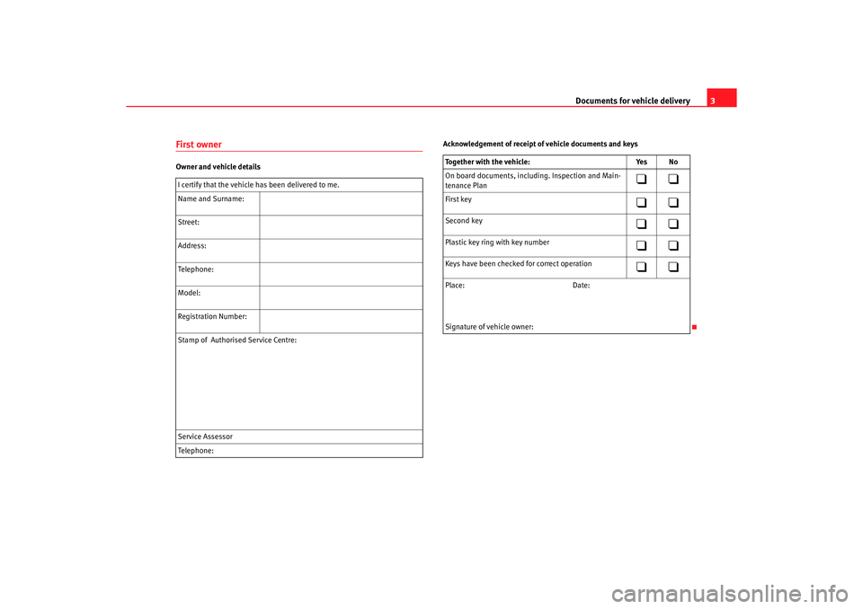 Seat Ibiza 5D 2005 Maintenance programme Documents for vehicle delivery
3
First ownerOwner and vehicle details
Acknowledgement of receipt of vehicle documents and keys
I certify that the vehicle has been delivered to me. Name and Surname: St Seat Ibiza 5D 2005 Maintenance programme Documents for vehicle delivery
3
First ownerOwner and vehicle details
Acknowledgement of receipt of vehicle documents and keys
I certify that the vehicle has been delivered to me. Name and Surname: St